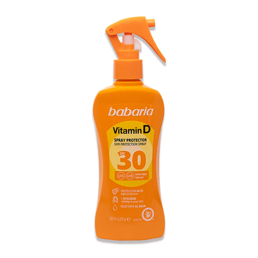 اسپری ضدآفتاب ویتامین D باباریا با SPF30 حجم ۲۰۰ میلی‌لیتر | محافظت بالا، فعال‌سازی گیرنده‌های ویتامین D و فرمول ضدپیری