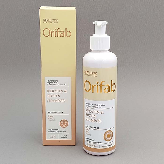 شامپو کراتین اوری فاب Orifab حاوی بیوتین و ویتامین E مناسب موهای آسیب دیده حجم 250 میل