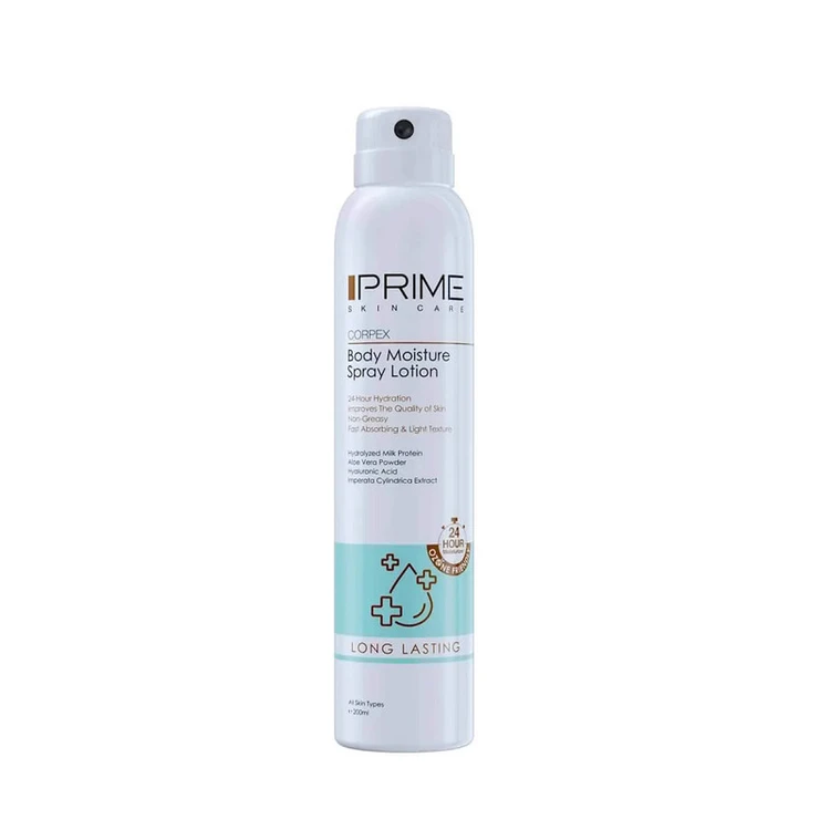 اسپری لوسیون آبرسان بدن پرایم مدل Long Lasting مناسب انواع پوست حجم 200 میل Prime