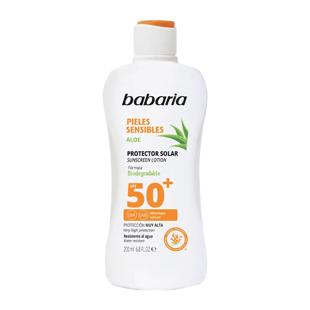 لوسیون ضدآفتاب مخصوص پوست‌های حساس باباریا با SPF50 حجم ۲۰۰ میلی‌لیتر | محافظت کامل با آلوئه‌ورا، مقاوم در برابر آب و مناسب پوست‌های حساس